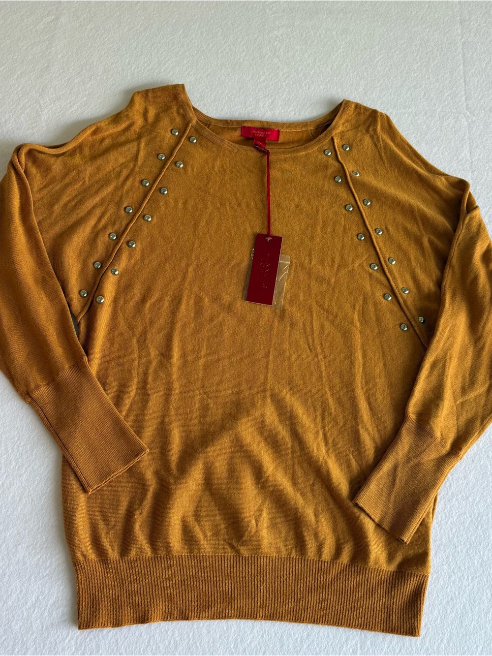 Jennifer Lopez Women’s Warm Ginger Knit Top with Silver Studs Size Small NWT - Picture 2 of 13